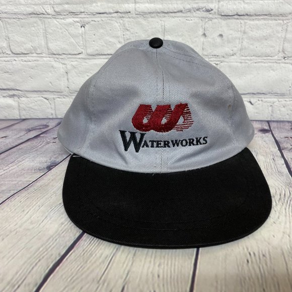 Vintage Waterworks Hat Cap Strap Back Black Gray Embroidered Logo Cotton AJM 90s - Picture 5 of 8